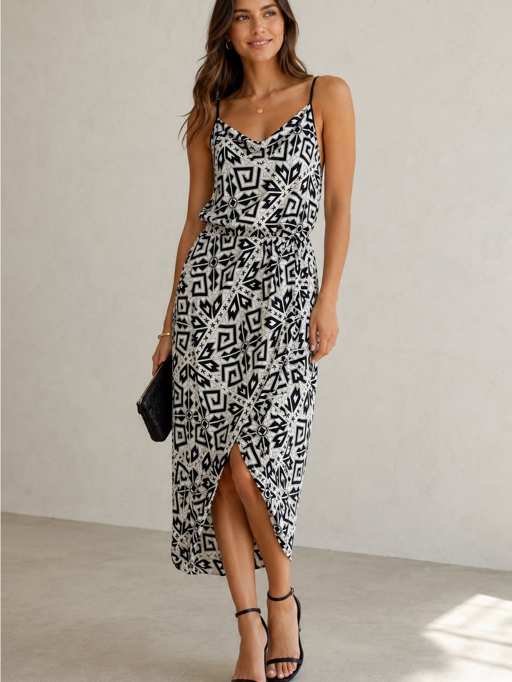 Amanda Uprichard Black & White Geometric tribal Midi Dress 100% silk tulip hem
